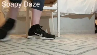 Extra sweaty black socks + sneakers removal, barefeet tease POV