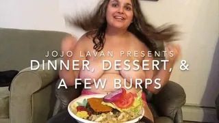 Chubby Topless girl eats dinner, dessert, and a few burps