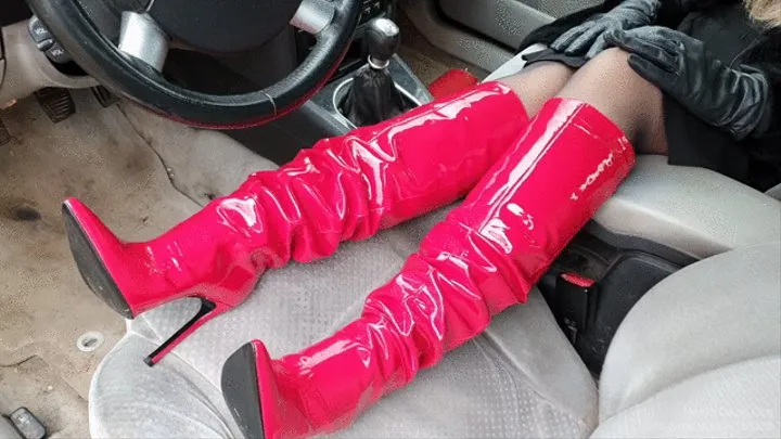 Candy Red PVC Boots Tease in car