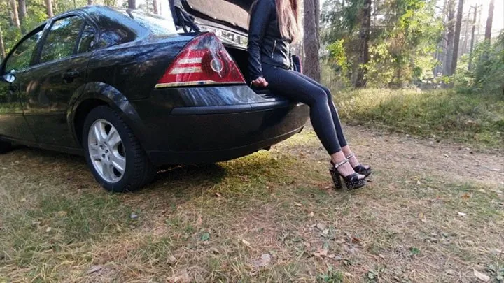 Car Bouncing Shaking in Leather Outfit High Heels