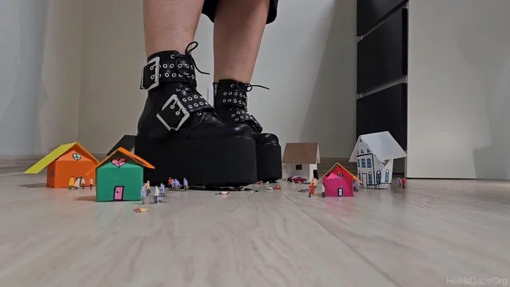 Giantess Crushes Tinies & Village in Two Pairs of Gothic Boots