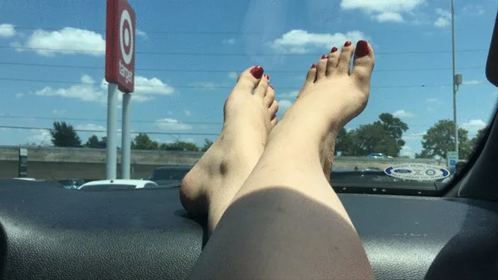 Foot Goddess D Wiggling Her Pretty Toes with Crossed Ankles in Car in Public Parking Lot