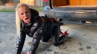 Helpless down bitch wants to fuck! Outdoor latex piss fuck party extreme