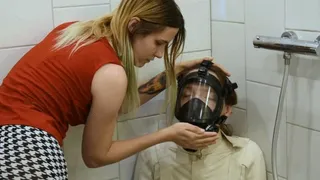 Gas mask, shower and underwater breath play in straitjacket