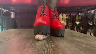 Red boots cocktrampling shoejob and crushing POV