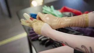 Fitting transparent latex gloves ASMR