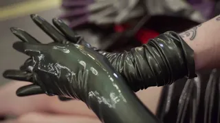 Fitting dark green latex gloves ASMR