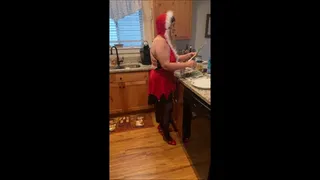 Sexy Santa's Helper Deb in Her Christmas Lingerie, Black Stockings and Red Comfort Plus Spiked Heel Pumps Busy in the Kitchen (12-25-2020)