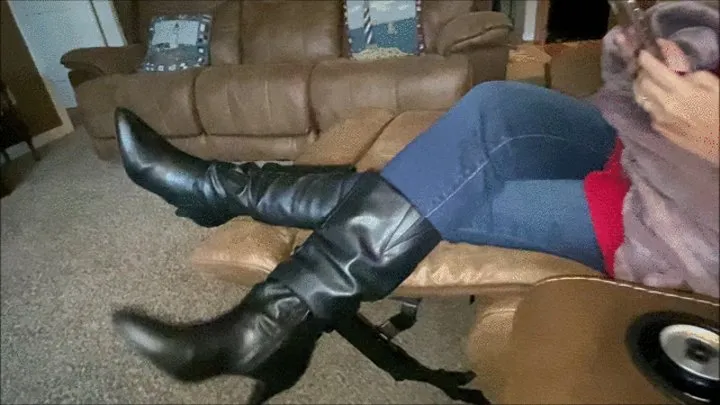 Deb Relaxing After a Day of Black Friday Shopping with Her Black IMPO Spiked Kitten Heel Boots Tucked Into Her Jeans (11-27-2020)