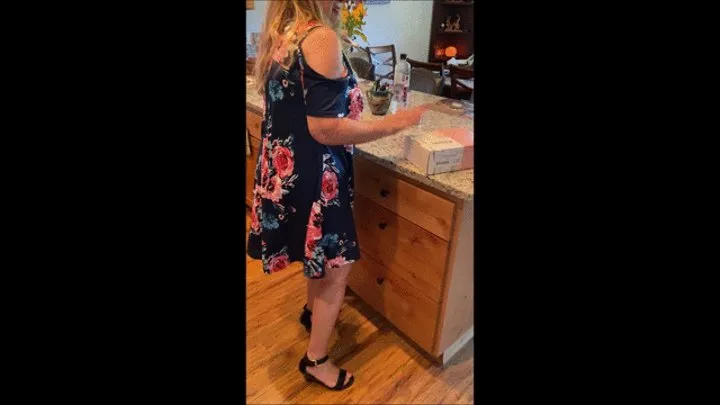 Enjoy Some Upskirt Views as Deb Delights Over Her New Beauty Box Wearing Her Sun Dress and Cum Filled Black DexFlex Wedge Heel Ankle Strap Sandals (7-24-2021)