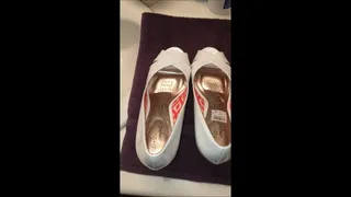 A Load of Cum Inside Deb's Stained White Wedge Heel Pumps Before She Wears Them Barefoot with Upskirts of Gold Satin Panties