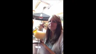 Deb's Enjoying Her Marguarita Before Driving To California in Her Foot Crusted Cum Filled Beige Montego Bay Club Wedge Heel Sandals As She Drives & Her Dirty Crusty Sandals Afterwards 2