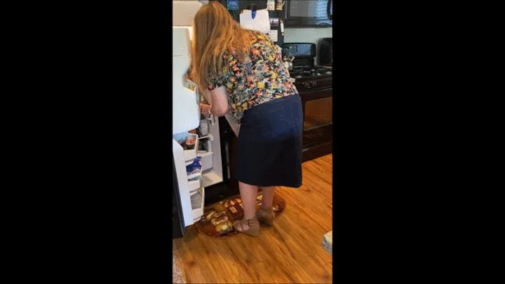 Deb's Home From Work & Busy in the Kitchen Fixing Dinner Wearing Her Denim Skirt & Tan Crown Vintage Sugar Wedge Heel Sandals with Upskirts (7-6-2021) C4S