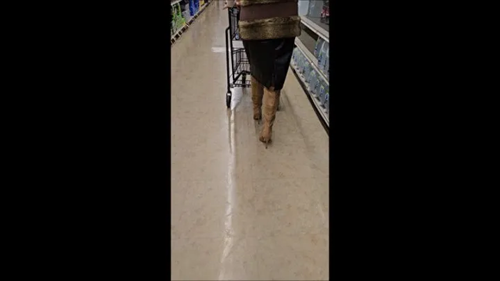 NYE 2023 Shopping in Black Leather Skirt, Stockings & Beige Suede Marc Fisher 6 inch stiletto spiked heel boots