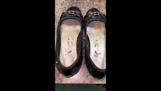 Deb Dangles Her Cum Filled Black Anne Klein Ballet Flats From Lacy Socks in the Car