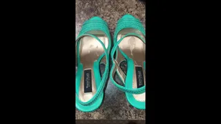 Debbie Sucks & Fucks Her Hubby Wearing Sexy Green Lingerie and Turquoise White House Black Market Stiletto Spiked Heel Sandals C4S