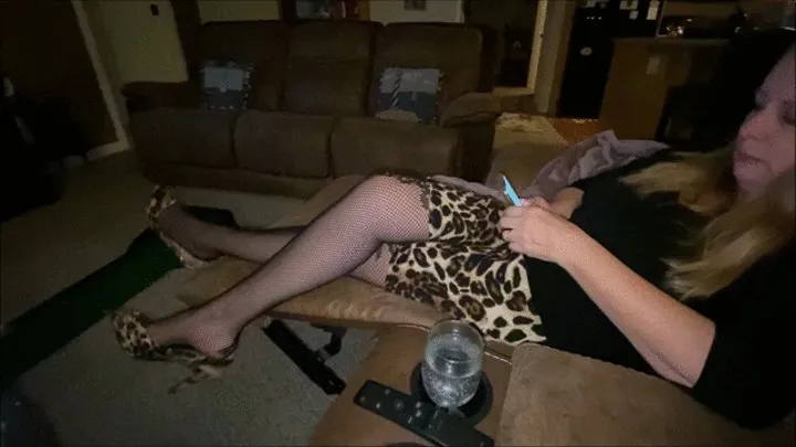 Nearly Half an Hour of Deb's Shoeplay as She Dips & Dangles Her Abella Cheetah Print Spiked Heel Pumps From Her Fishnet Stocking Feet 2 (1-9-2021) C4S