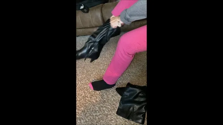 Watch Deb Put on Her Cum Filled Black IMPO Spiked Kitten Heel Boots Over Her Pink Chico's Pants For Work (12-28-2020) C4S