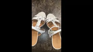 Debbie Shopping in the Garden Department Wearing Her Blue Denim Skirt and White Cum Filled Franco Sarto Platform Wedge Heel Sandals 2