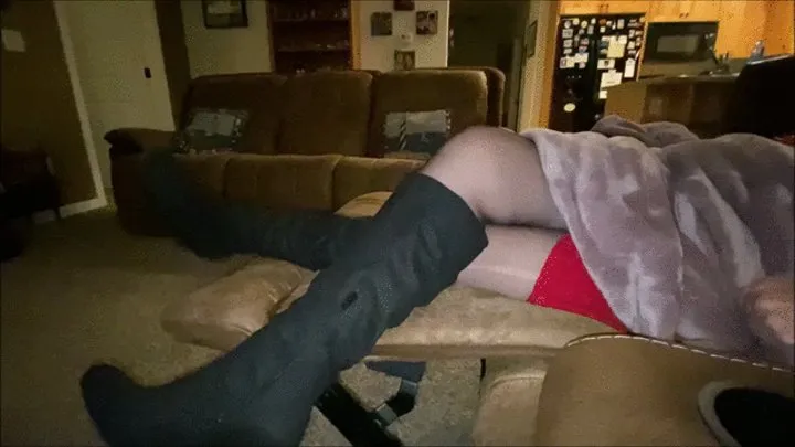 Deb Teasing on the Sofa Exposing Stocking Tops Beneath Her Red Christmas Sweater Dress & Black Sugar Stealth Stiletto Spiked Heel Boots (12-18-2020)