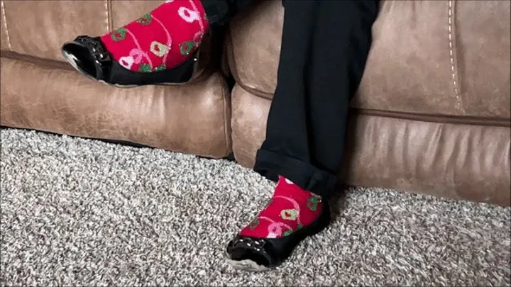 Deb Dangles Her Mud Covered Black Anne Klein Ballet Flats From Her Christmas Socks Feet in the Car (12-24-2021)