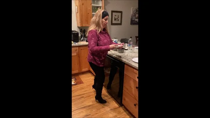 Deb Fixing Dinner Wearing Her New Black Sugar Stealth Stiletto Spiked Heel Boots in the Kitchen (12-2-2020)