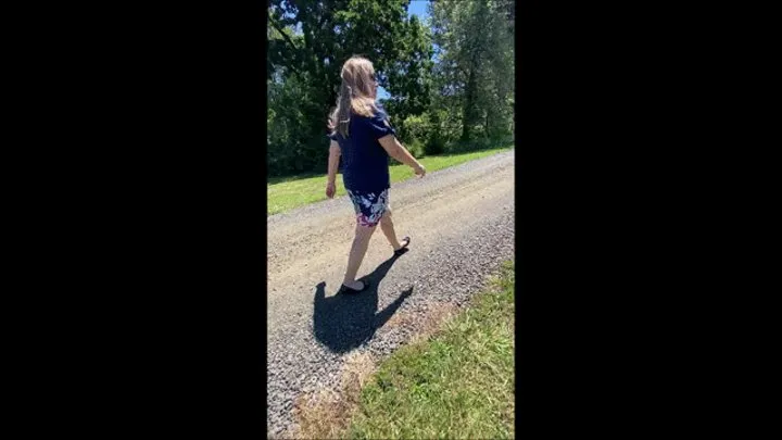 Deb's Camping Weekend Wearing Her Floral Skirt with Black Anne Klein Ballet Flats in the Grass & Gravel with Some Dangling (6-20-2021) C4S