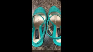 Debbie Fucking Her Hubby Wearing Green Lingerie and Green Cum Filled White House Black Market Stiletto Spiked Heel Sandals C4S