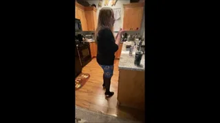 Hot Wife Deb Home From the Office & Busy in the Kitchen Wearing Her Office Outfit of the Day, a LuLaRoe Skirt, Black Stockings & Black Rockport Patent Leather Pumps (2-25-2021)