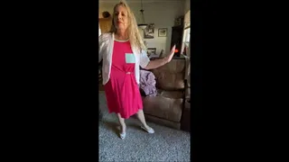Deb Gets Upskirted Before Leaving for Work and Shoeplays after Coming Home Wearing Her Pink LuLaRoe Dress and White Kelly & Katie Spiked Heel Sling Back Pumps (6-24-2021) C4S