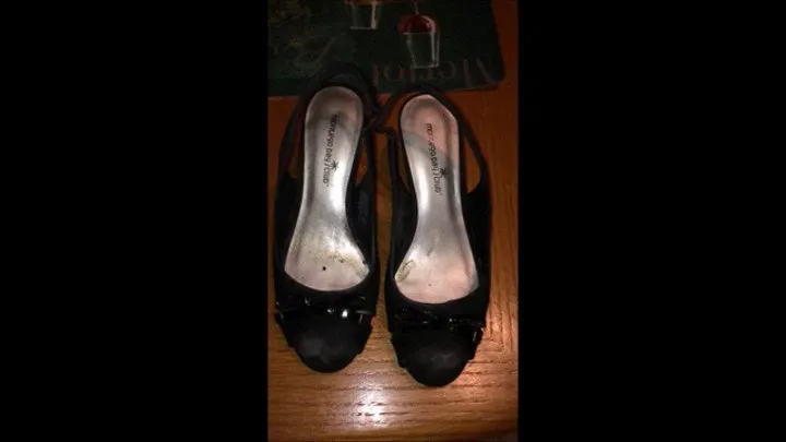 Debs Dirty Cum Streaked Black Montego Bay Club Wedge Heel Pumps Before & After She Wears Them with Bare Feet & Sexy Dress