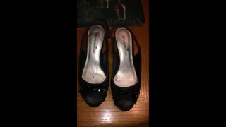 Debs Dirty Cum Streaked Black Montego Bay Club Wedge Heel Pumps Before & After She Wears Them with Bare Feet & Sexy Dress
