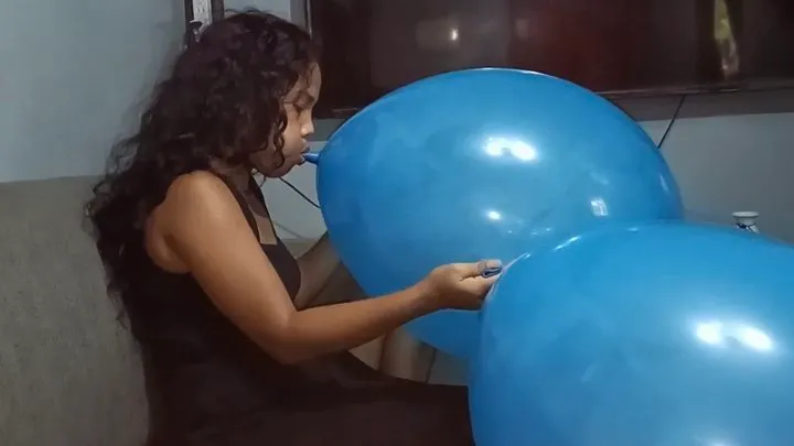 Sexy Juju Blows 2 BIG Blue Balloons Compares Them And One Gets Blown To Pop