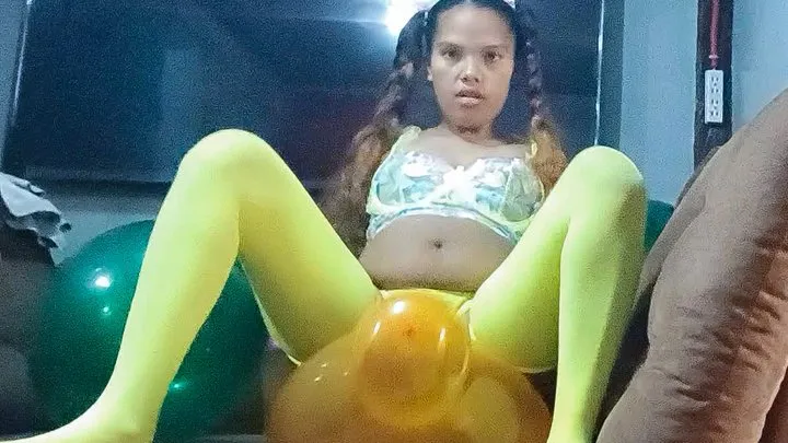 Sexy Juju Sensually Sits To Pop 14 Inch Belbal Crystal Balloons In Green Lingerie