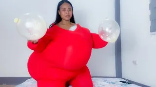 Sexy Camylle Stuffs Her Red Jumper With Cotton And Balloon BOOBS And TUMMY