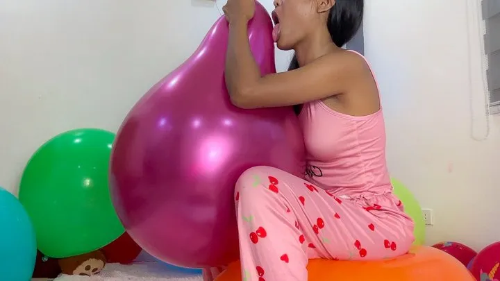 Sexy Camylle Blows To Pop Your Huge Red Metalic Balloon In Pajamas