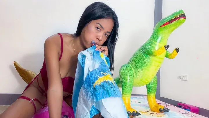 Sexy Camylle Blows Up Your Dinosaur Inflatables Dressed In Red Lingerie