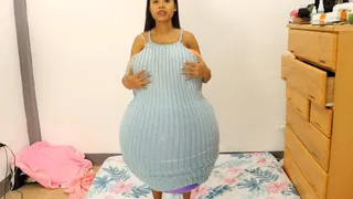 Sexy Camylle Stuffs Her Light Blue Dress With Huge Balloon BOOBS And A GIANT Balloon Tummy
