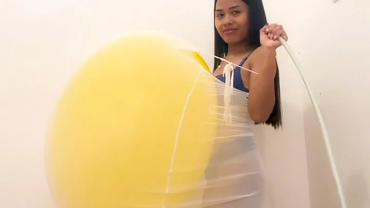 Sexy Camylle HUGE Yellow Balloon Belly Inflation In See Through Dress