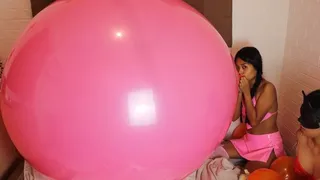 Sexy Bunny Girl Camylle And Her Friend Kate Blow To Pop A 48 Inch HUGE PINK Balloon