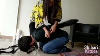 Allan is tied up, humiliated and punished to lick the feet of his neighbor dominatrix (BONDAGE + FOOT WORSHIP)