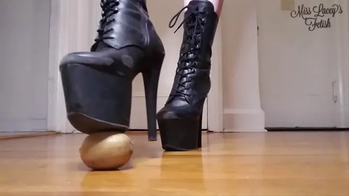 Miss Lacey Crushes Three Kiwi Fruits with Her 7-inch Black Leather Platform Boots