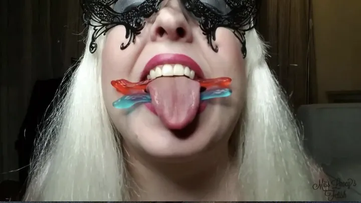 Miss Lacey Chewing, Sucking, and Slurping on Haribo Twin Snakes Gummies