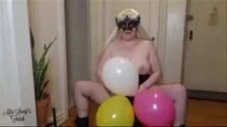 Miss Lacey BBW Looner Blows to Pop B2P Sits to Pop STP and Crushes Multicolored 12 Inch Party Balloons Topless with Her Leather Platform Boots