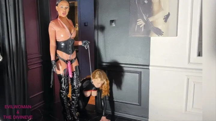 EvilWoman; Lesbian Strap-on fucking in latex catsuit