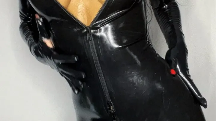 Black latex catsuit tease