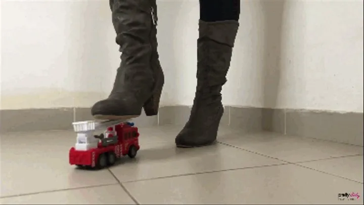 RED FIREFIGHTER TOY CAR CRUSH IN KNEE HIGH BOOTS