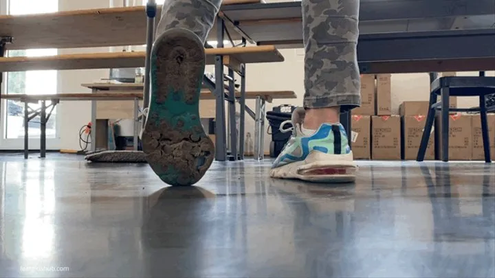 GIRL CLEANING IN WORN OUT SHOES WRECKED SNEAKERS WITH HOLES