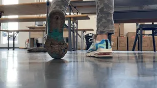 GIRL CLEANING IN WORN OUT SHOES WRECKED SNEAKERS WITH HOLES