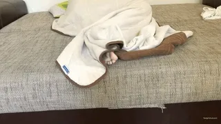 GIRL SNORING IN BED WITH HER BIG FEET STICKING UNDER THE BLANKET
